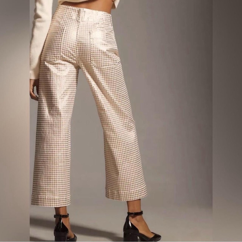 Meave The Colette Crop Wide Leg Pants Metallic Dot Print White Rose Gold NWOT 25 - Picture 3 of 8